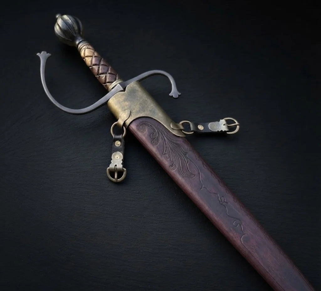 Hand Forged European Sword – Damascus Steel Engraved Scabbard, Medieval Collector’s Blade