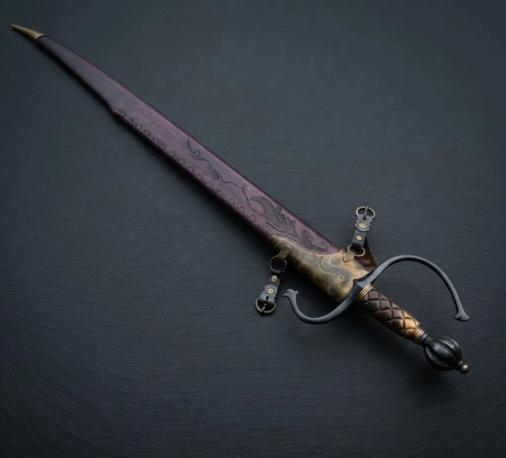 Hand Forged European Sword – Damascus Steel Engraved Scabbard, Medieval Collector’s Blade