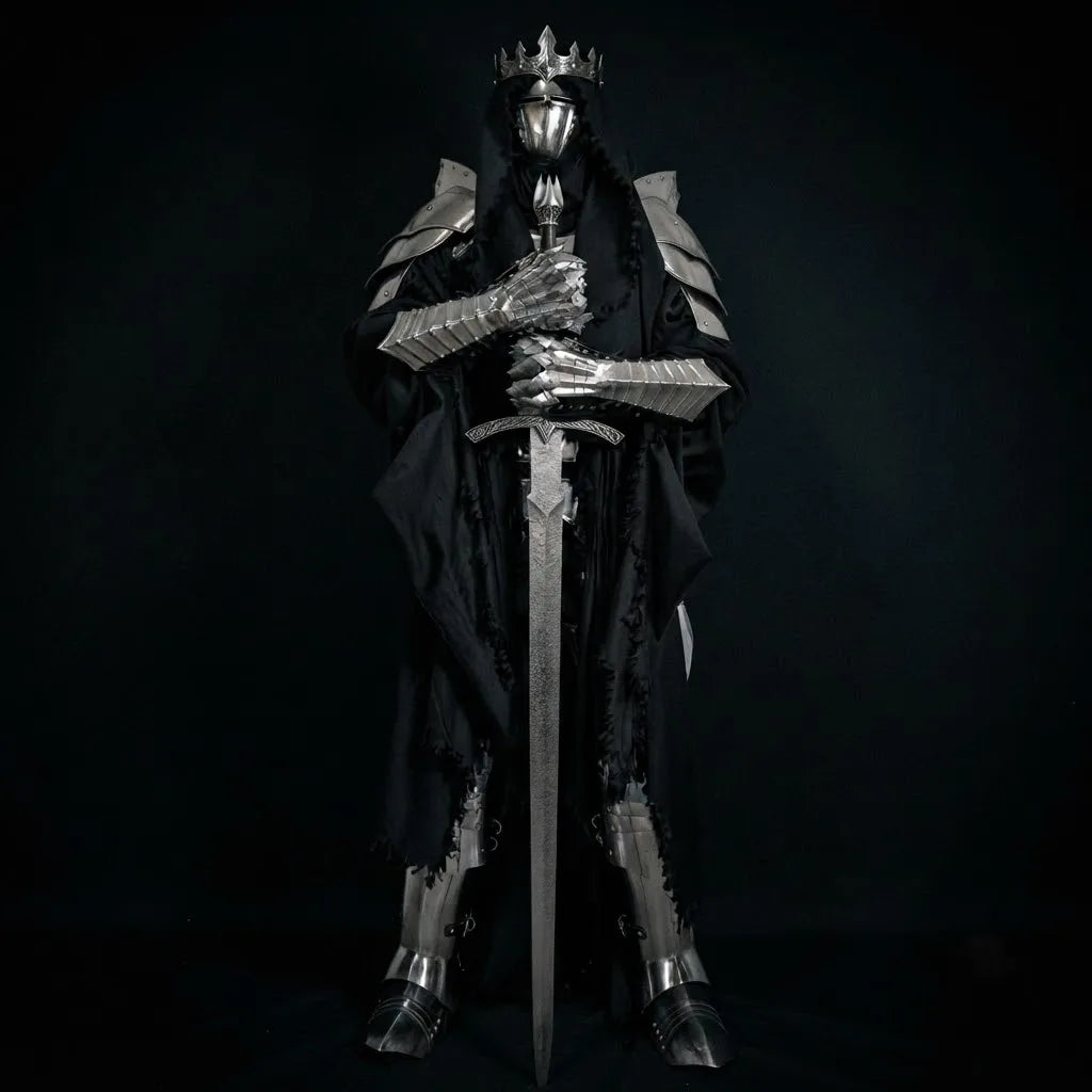 A dramatic full-body shot of a dark fantasy knight dressed in ornate steel armor, a black cloak, and a crown, holding a large hand-forged longsword against a black background.