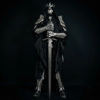A dramatic full-body shot of a dark fantasy knight dressed in ornate steel armor, a black cloak, and a crown, holding a large hand-forged longsword against a black background.