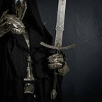 A close-up view of a knight's steel gauntlet holding a beautifully hand-forged Damascus steel longsword, styled in a dark fantasy aesthetic.