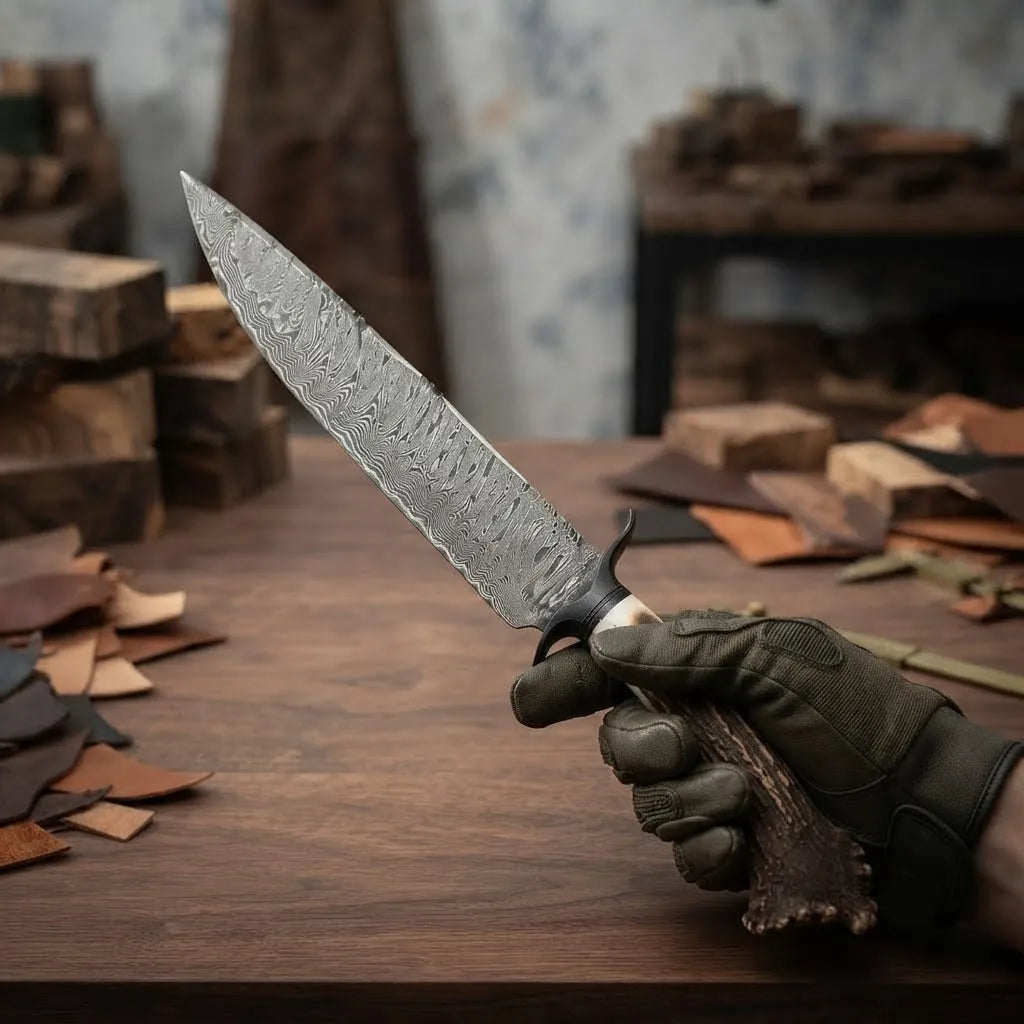 A close-up view of a premium hand-forged Damascus steel knife with a unique antler handle, being held by a gloved hand in a workshop.