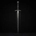 A premium, hand-forged longsword with intricate detailing, mounted vertically on a professional black display stand against a clean black background.