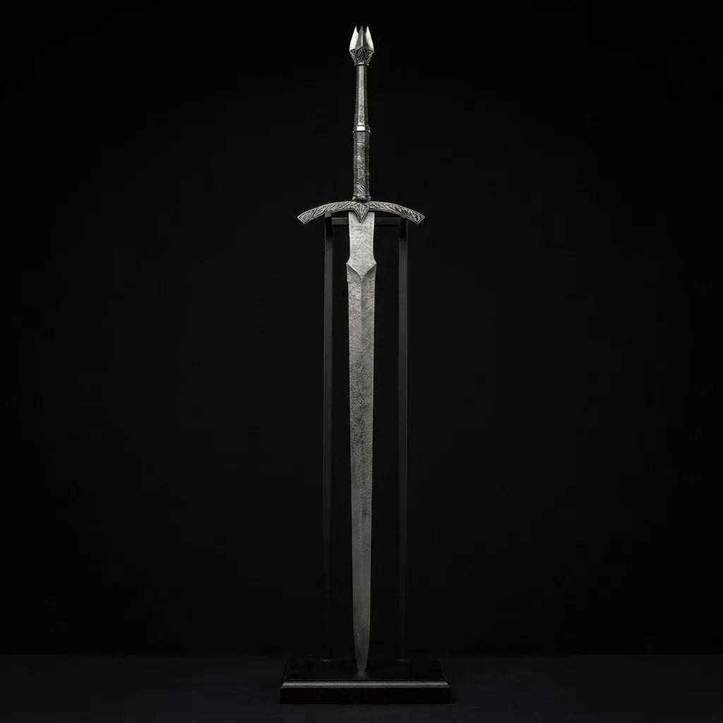A premium, hand-forged longsword with intricate detailing, mounted vertically on a professional black display stand against a clean black background.