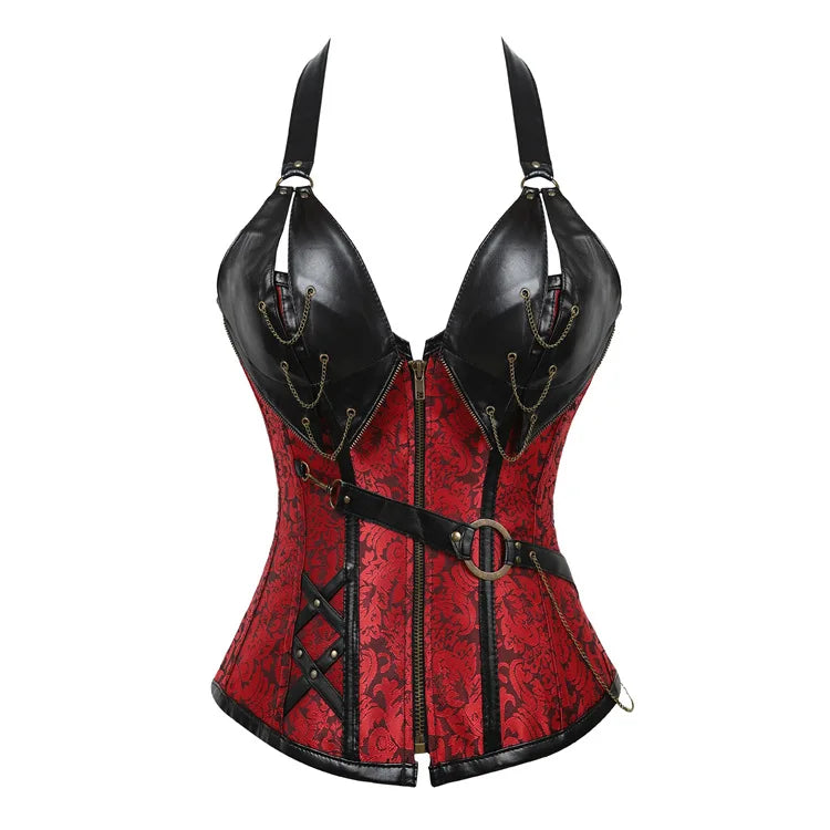 A stylish dark red gothic-style halter corset top featuring detailed chain accents, a front zipper closure, and a decorative waist belt with metal hardware.