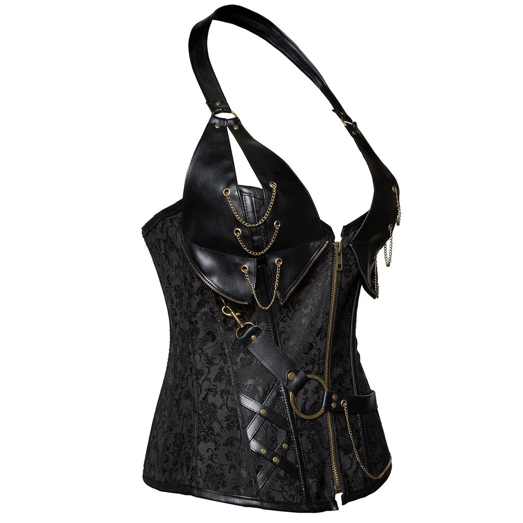 A stylish black gothic-style halter corset top featuring detailed chain accents, a front zipper closure, and a decorative waist belt with metal hardware.