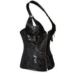 A stylish black gothic-style halter corset top featuring detailed chain accents, a front zipper closure, and a decorative waist belt with metal hardware.