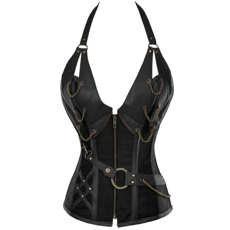 A stylish black gothic-style halter corset top featuring detailed chain accents, a front zipper closure, and a decorative waist belt with metal hardware.