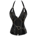A stylish black gothic-style halter corset top featuring detailed chain accents, a front zipper closure, and a decorative waist belt with metal hardware.