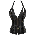 A stylish black gothic-style halter corset top featuring detailed chain accents, a front zipper closure, and a decorative waist belt with metal hardware.