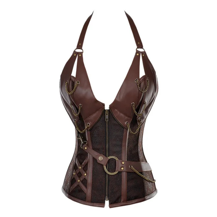 A stylish brown gothic-style halter corset top featuring detailed chain accents, a front zipper closure, and a decorative waist belt with metal hardware.