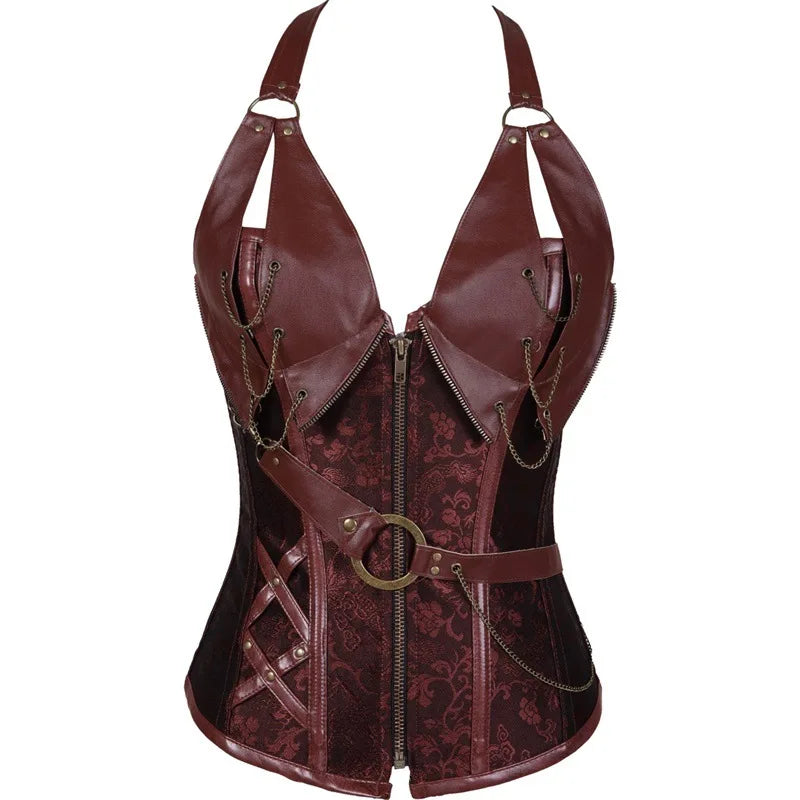 A stylish dark red gothic-style halter corset top featuring detailed chain accents, a front zipper closure, and a decorative waist belt with metal hardware.