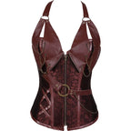 A stylish dark red gothic-style halter corset top featuring detailed chain accents, a front zipper closure, and a decorative waist belt with metal hardware.