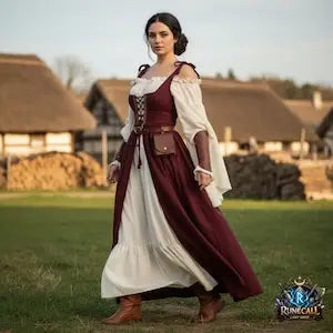Women's Medieval Renaissance Dress | Viking Lace-Up Peasant Maxi Dress | Cottagecore Fantasy Costume