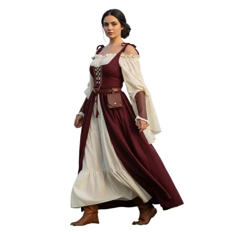 Women's Medieval Renaissance Dress | Viking Lace-Up Peasant Maxi Dress | Cottagecore Fantasy Costume