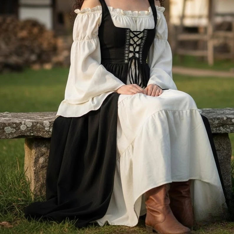 Women's Medieval Renaissance Dress | Viking Lace-Up Peasant Maxi Dress | Cottagecore Fantasy Costume