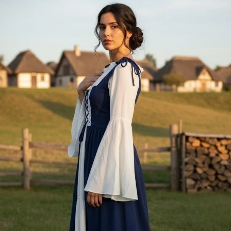 Women's Medieval Renaissance Dress | Viking Lace-Up Peasant Maxi Dress | Cottagecore Fantasy Costume