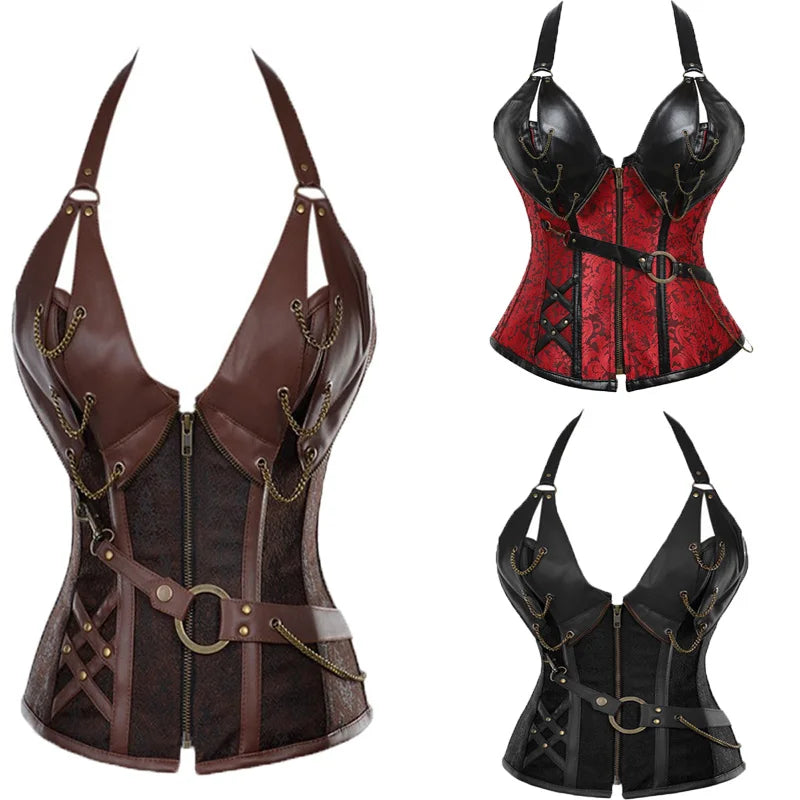 A collection of three women's steampunk gothic corset tops in brown, red, and black, featuring halter necklines, zipper closures, decorative metal chains, and buckle waist belts.