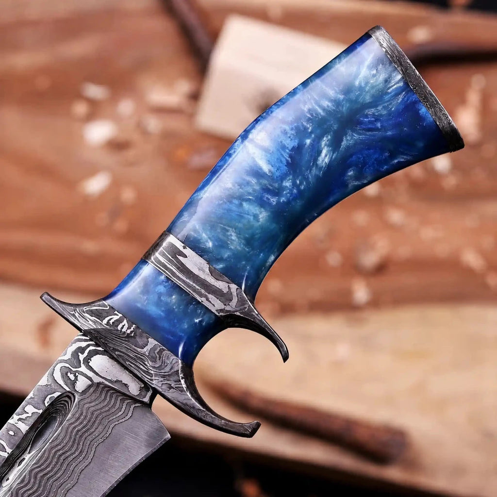 Handmade Damascus Finger Guard Bowie Knife | 10" San Mai VG10/15N20 Steel | Resin Handle with Italian Leather Sheath – Collector's Gift Knife