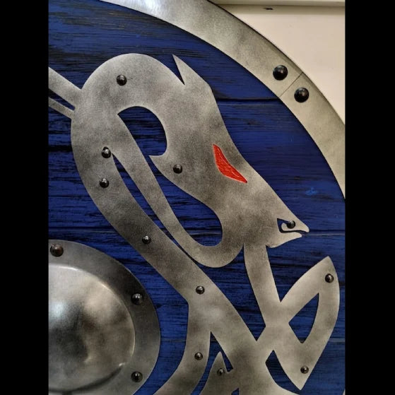 Blue Viking shield back view, handle and rivet detail