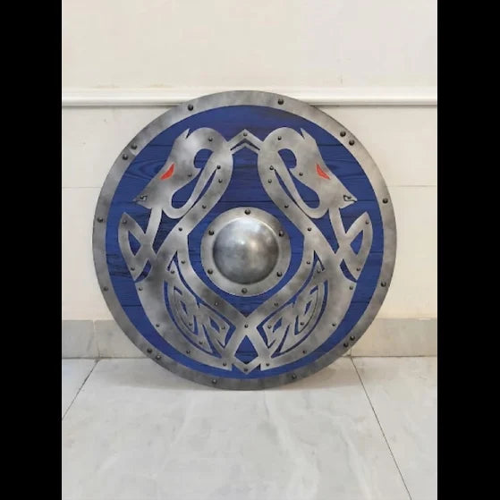 Close-up of the Viking dragon shield's steel rim and boss
