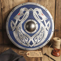 Handcrafted blue Viking dragon shield, full view