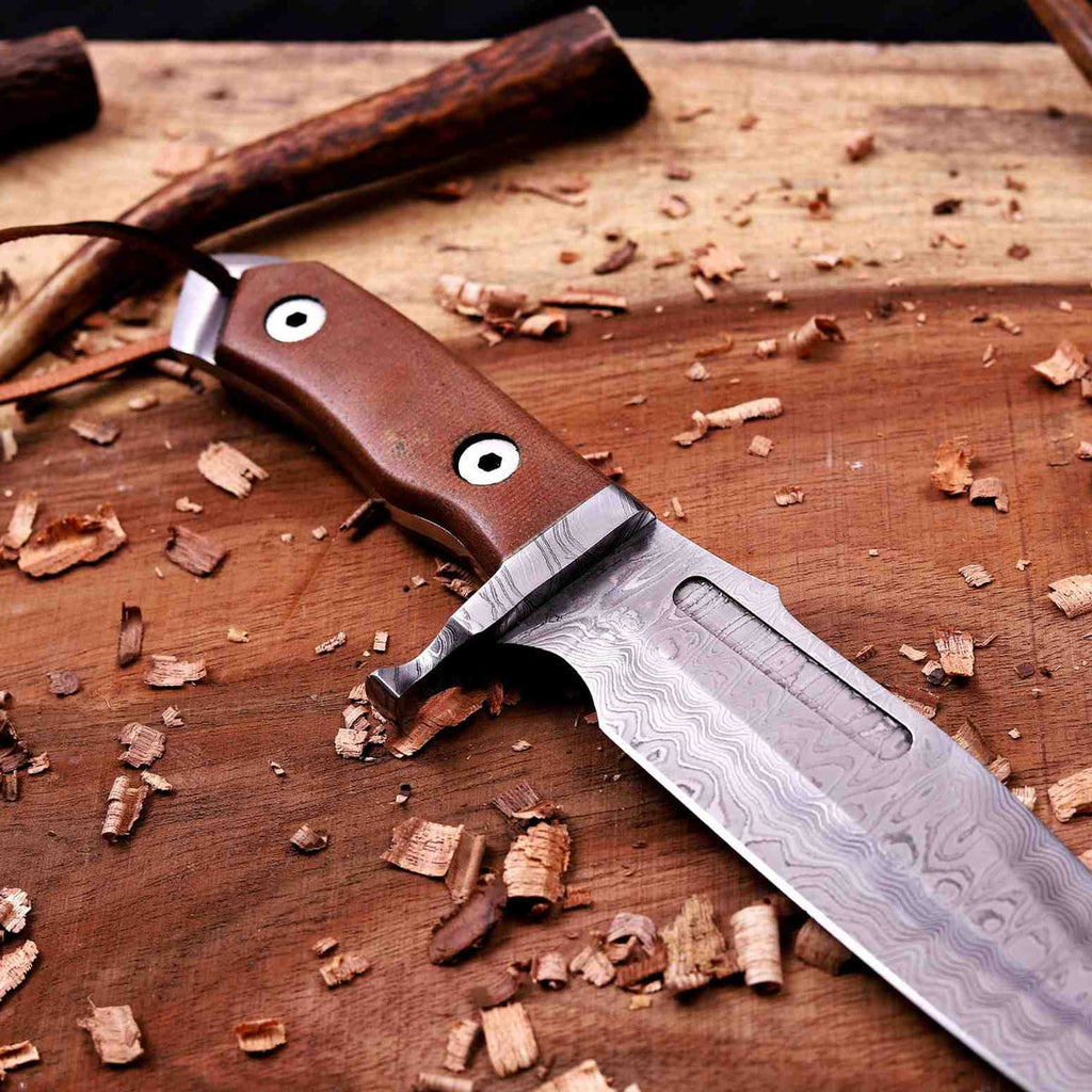 Handmade Damascus Bowie Knife | 8" VG10 Clip-Point Blade | Micarta Handle & Damascus Guard | Movie-Inspired Tactical Knife with Leather Sheath