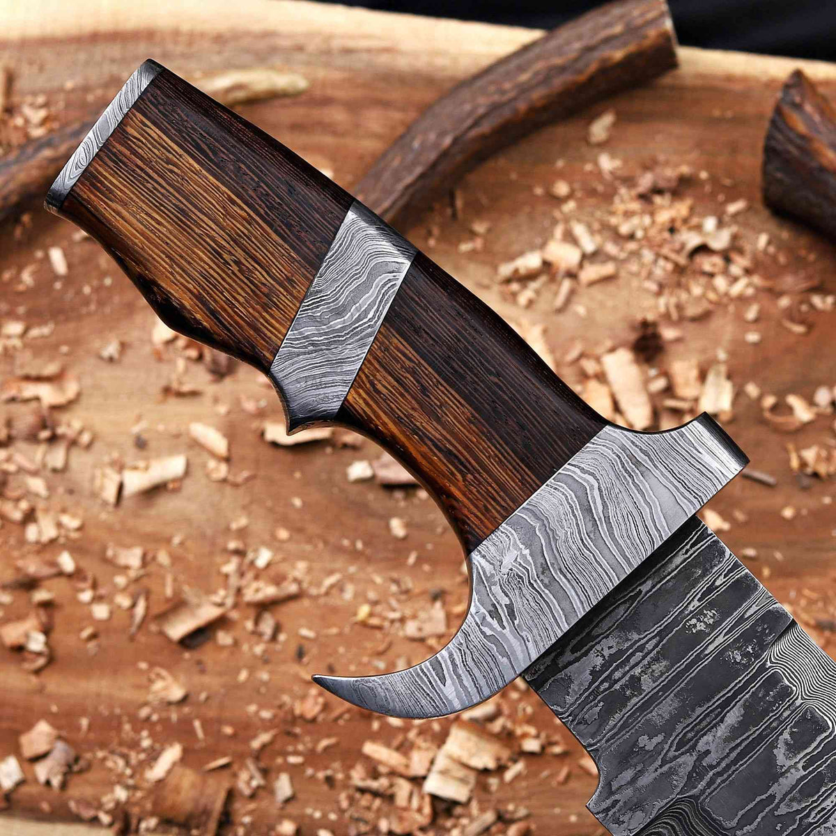 Damascus Bowie Knife – 14" Blade, Wenge Handle, Leather Sheath