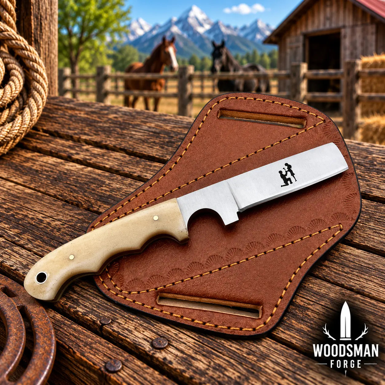 Camelwarden J2 steel cowboy bull cutter knife with cross-draw leather sheath