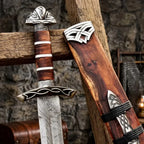 Hand Forged Damascus Steel Viking Sword with Wooden Scabbard | Medieval Norse Long Sword | Handmade Collectible Warrior Sword Gift