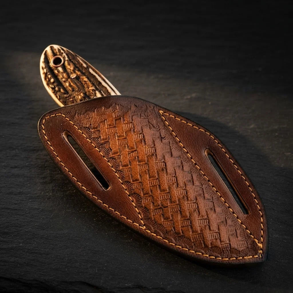 A professional handmade Western belt knife secured inside its hand-tooled leather pancake sheath, showcasing the genuine stag horn handle pommel on a dark stone background