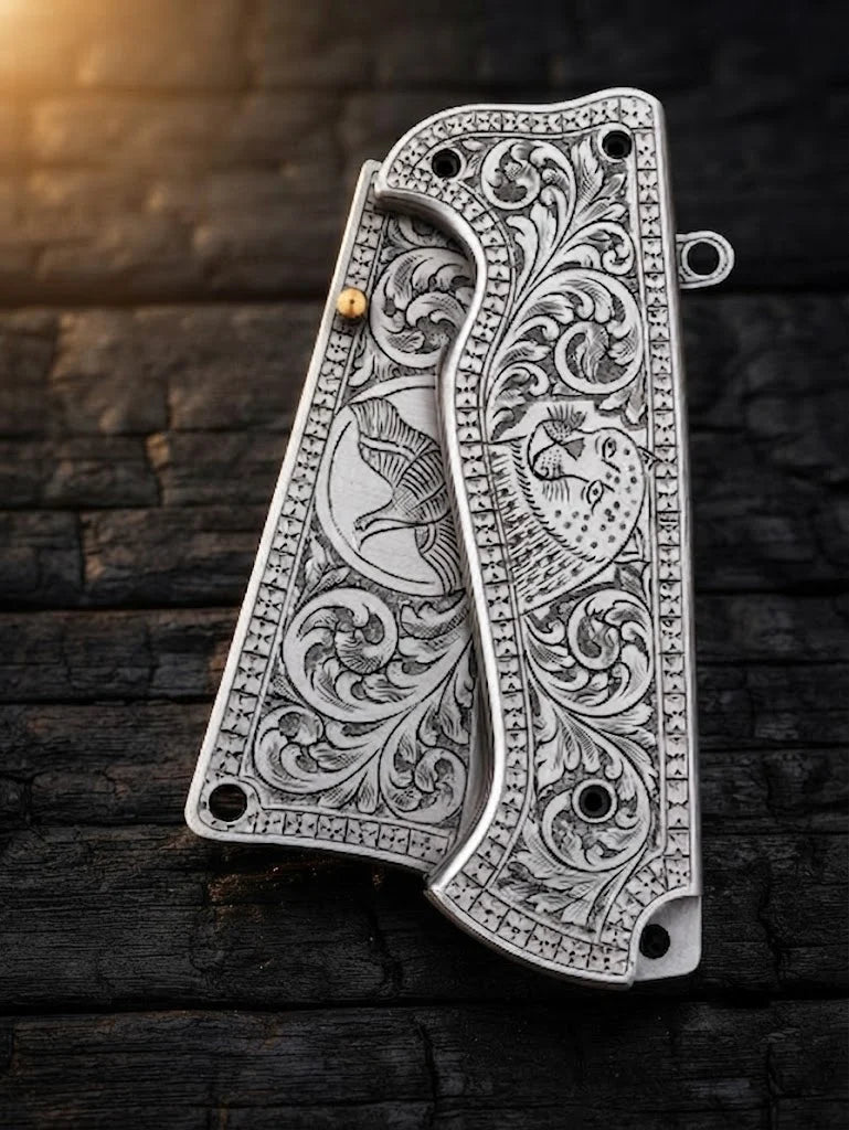 High-quality custom engraved pocket knife highlighting the compact closed profile, intricate metal scrollwork, and lanyard loop for collectors