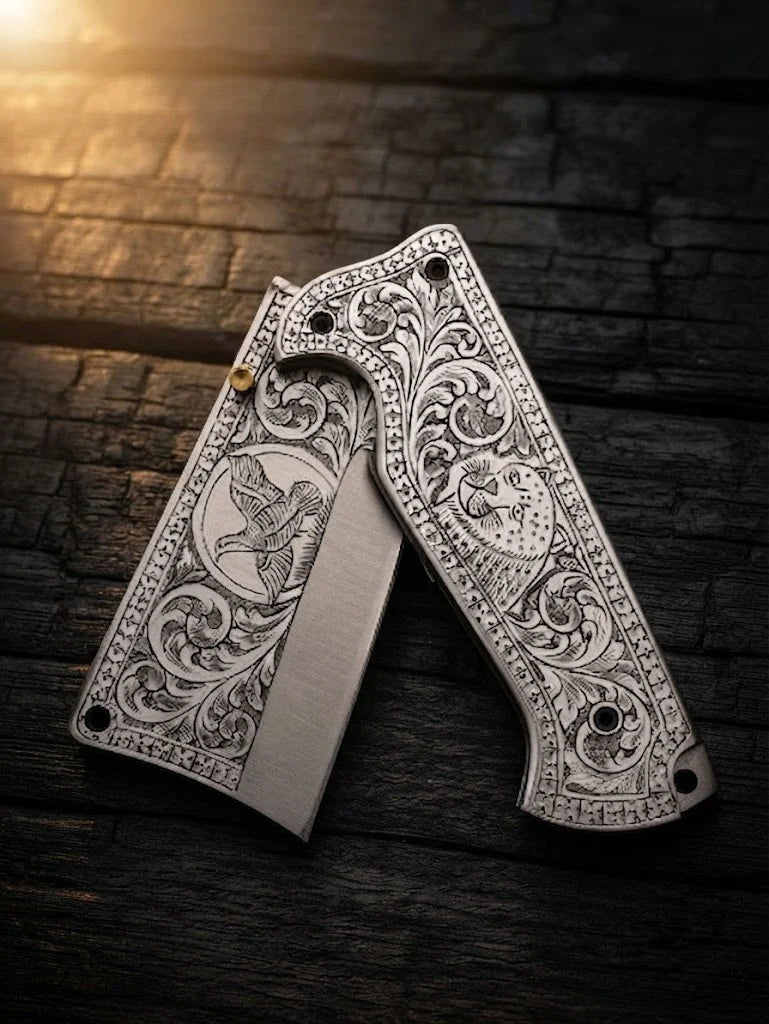 High-quality custom engraved pocket knife showcasing unique blade geometry, deep metal relief, and artistic animal motifs for collectors and gift buyers