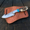 A professional handmade D2 steel cowboy gut hook knife featuring a stag antler handle with turquoise spacers, resting on its tooled leather pancake sheath over a dark wooden surface