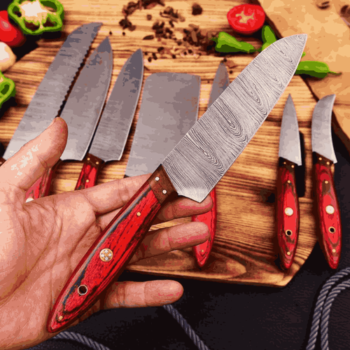 A custom hand-forged Damascus steel hunting knife with a dark layered wooden handle and engraved silver guard, resting on a rustic wood log next to its tan leather sheath.
