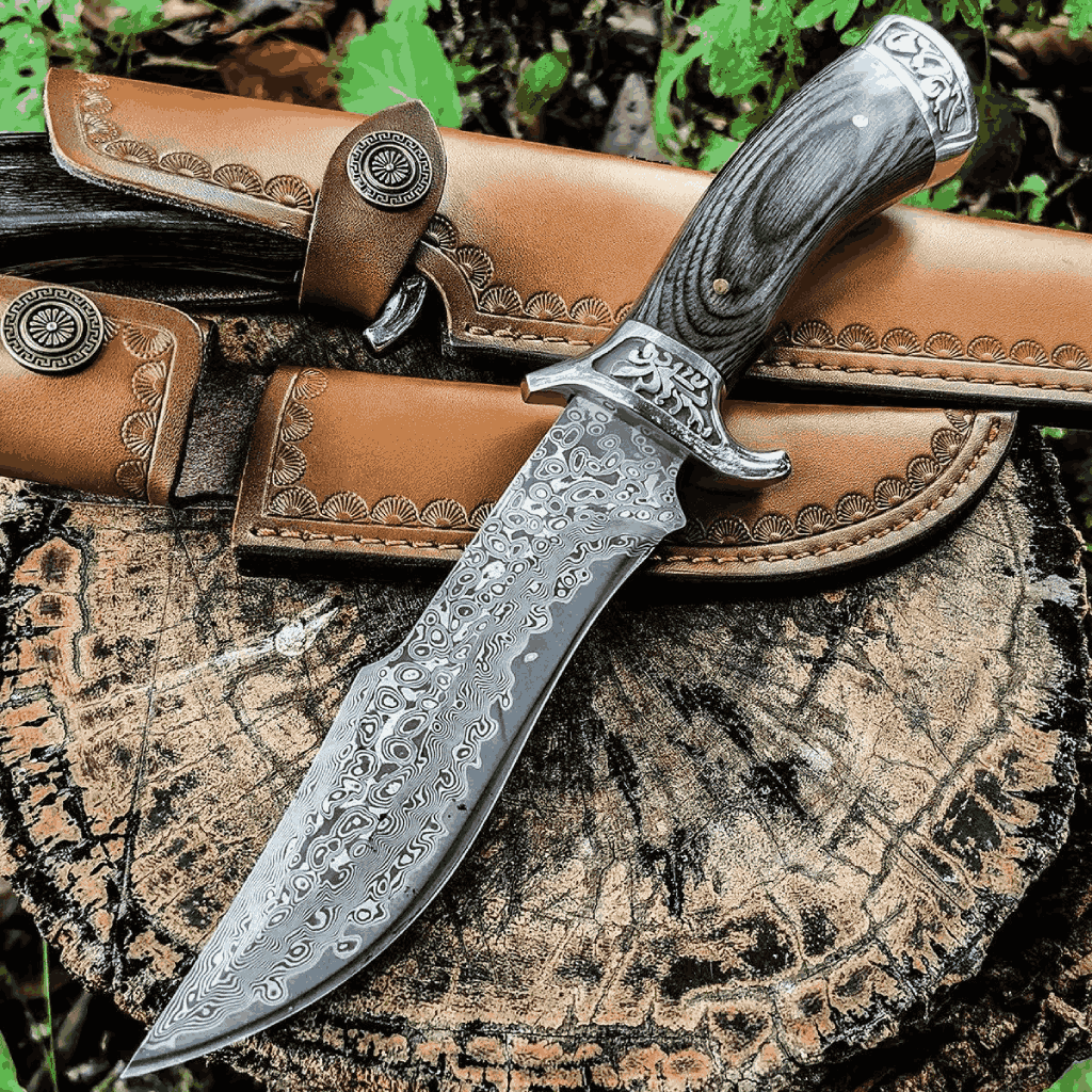 Handmade Damascus Steel Hunting Knife – Fixed Blade Knife with Wood Handle | Custom Outdoor Camping & Collector Gift for Men