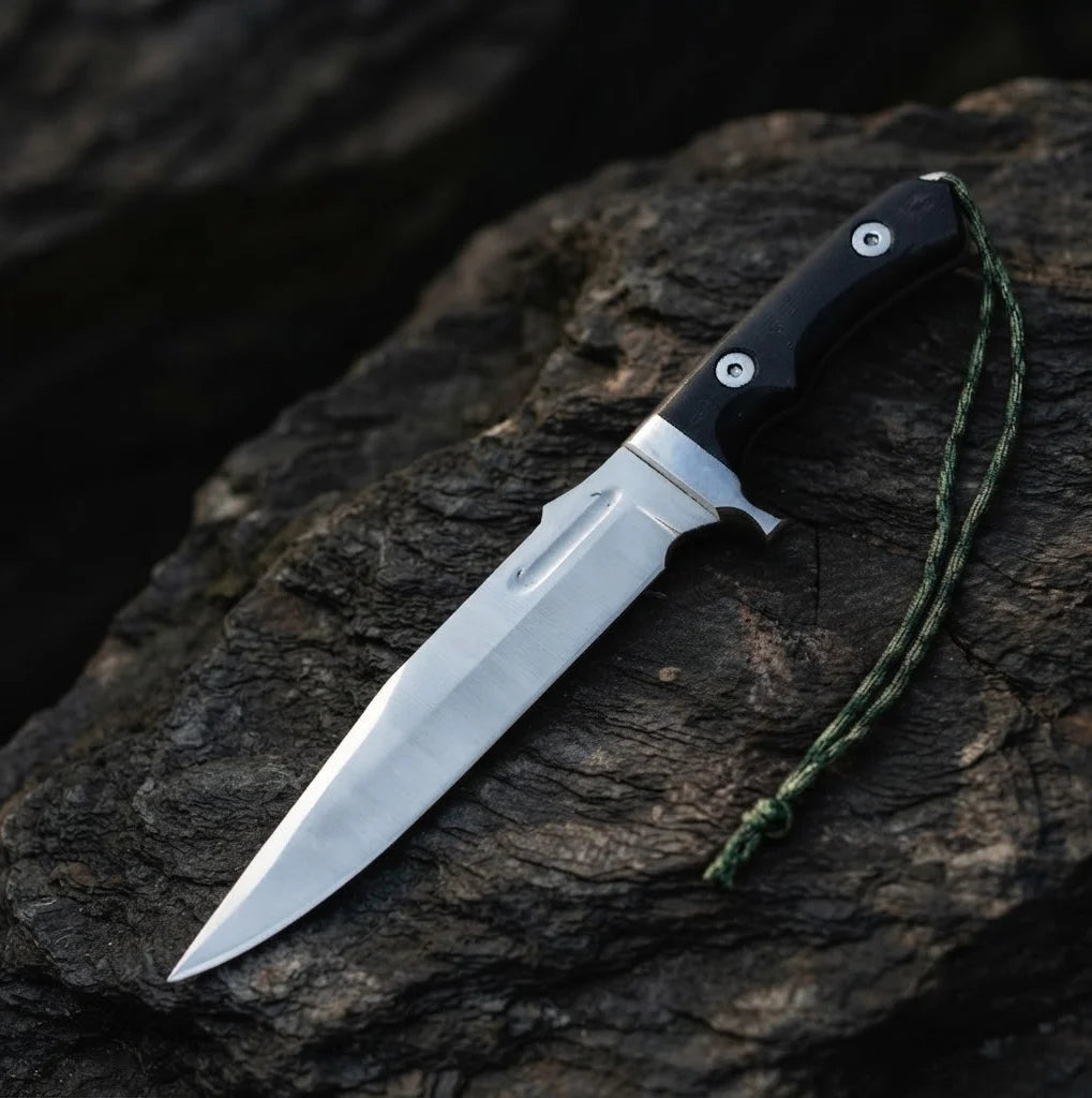 A professional handmade tactical Bowie knife featuring a 14-inch D2 steel clip-point blade and black Micarta handle with a paracord lanyard, displayed on a dark rocky surface