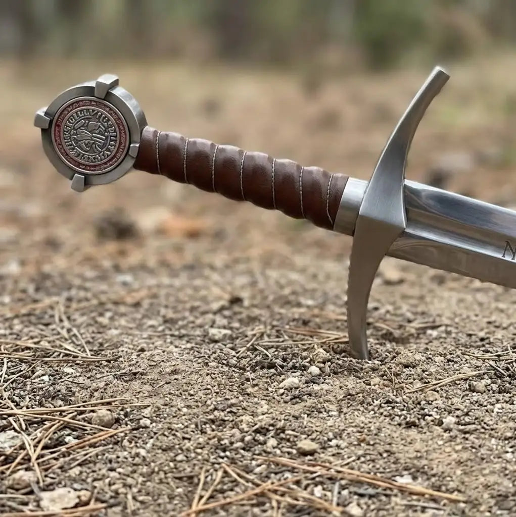Premium handcrafted Knight Templar sword hilt detail featuring a ribbed leather grip and rustic steel crossguard, captured in a dramatic outdoor setting with a soft-focus natural background.