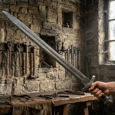 Close-up of handmade Viking sword handle, hand forged Damascus steel Norse longsword