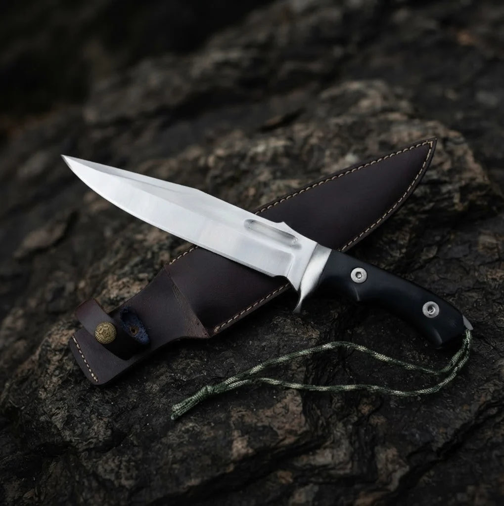 Custom-forged tactical Bowie knife showcasing a high-quality clip-point blade and durable leather carry sheath, ideal for knife collectors and survivalists.