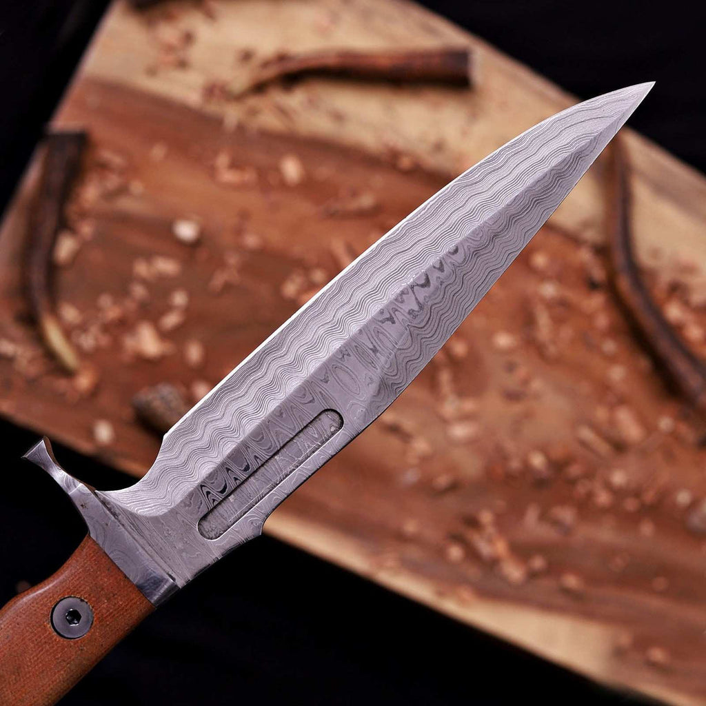 Handmade Damascus Bowie Knife | 8" VG10 Clip-Point Blade | Micarta Handle & Damascus Guard | Movie-Inspired Tactical Knife with Leather Sheath