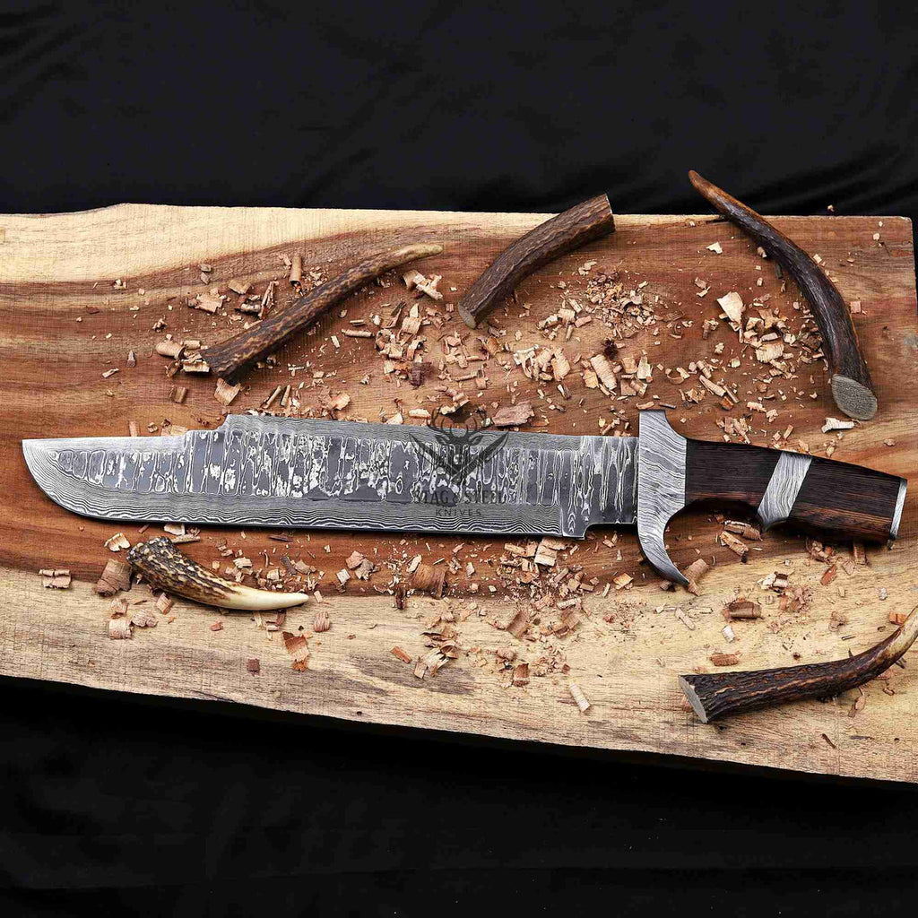 Damascus Bowie Knife – 14" Blade, Wenge Handle, Leather Sheath