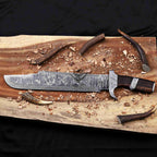 Damascus Bowie Knife – 14" Blade, Wenge Handle, Leather Sheath