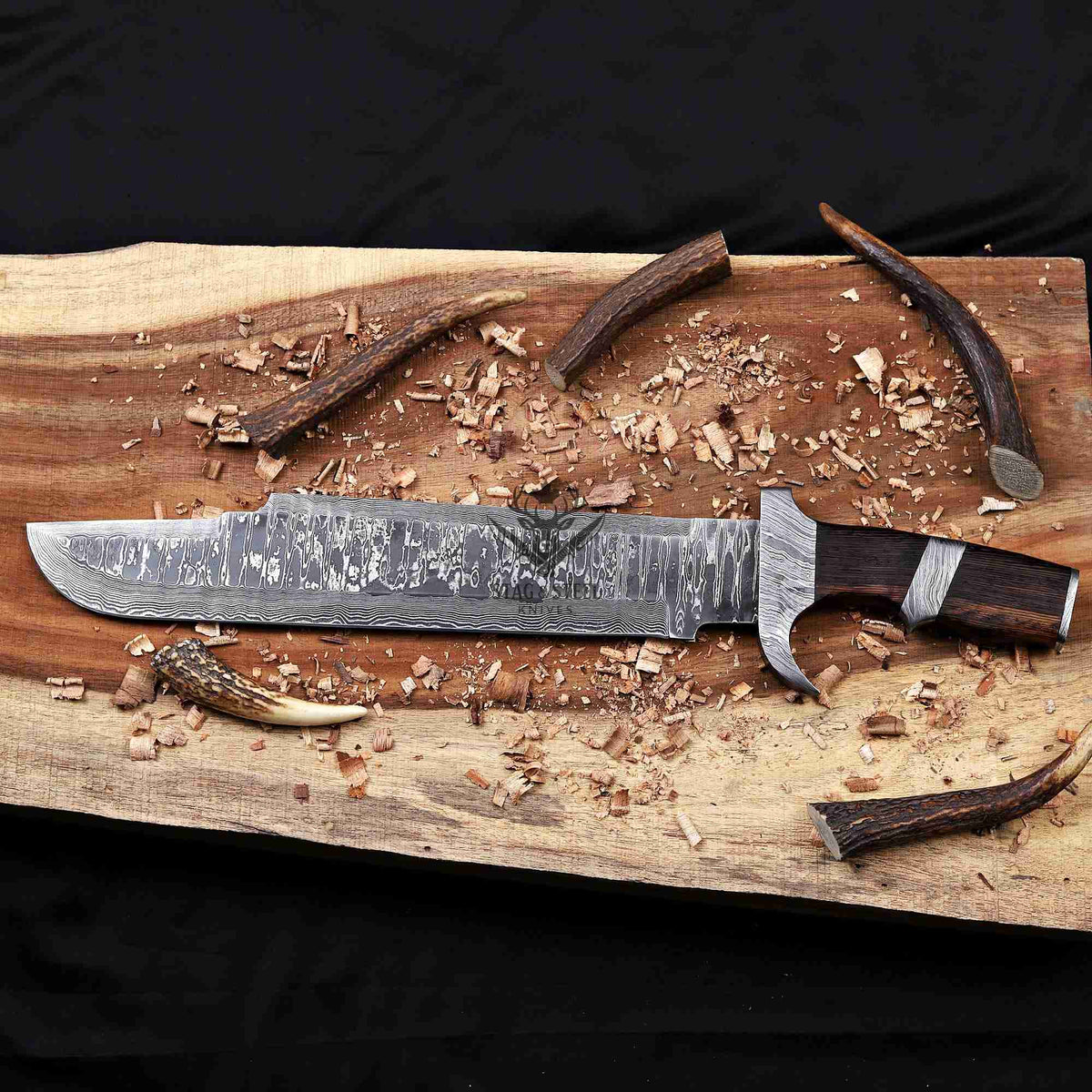 Damascus Bowie Knife – 14" Blade, Wenge Handle, Leather Sheath