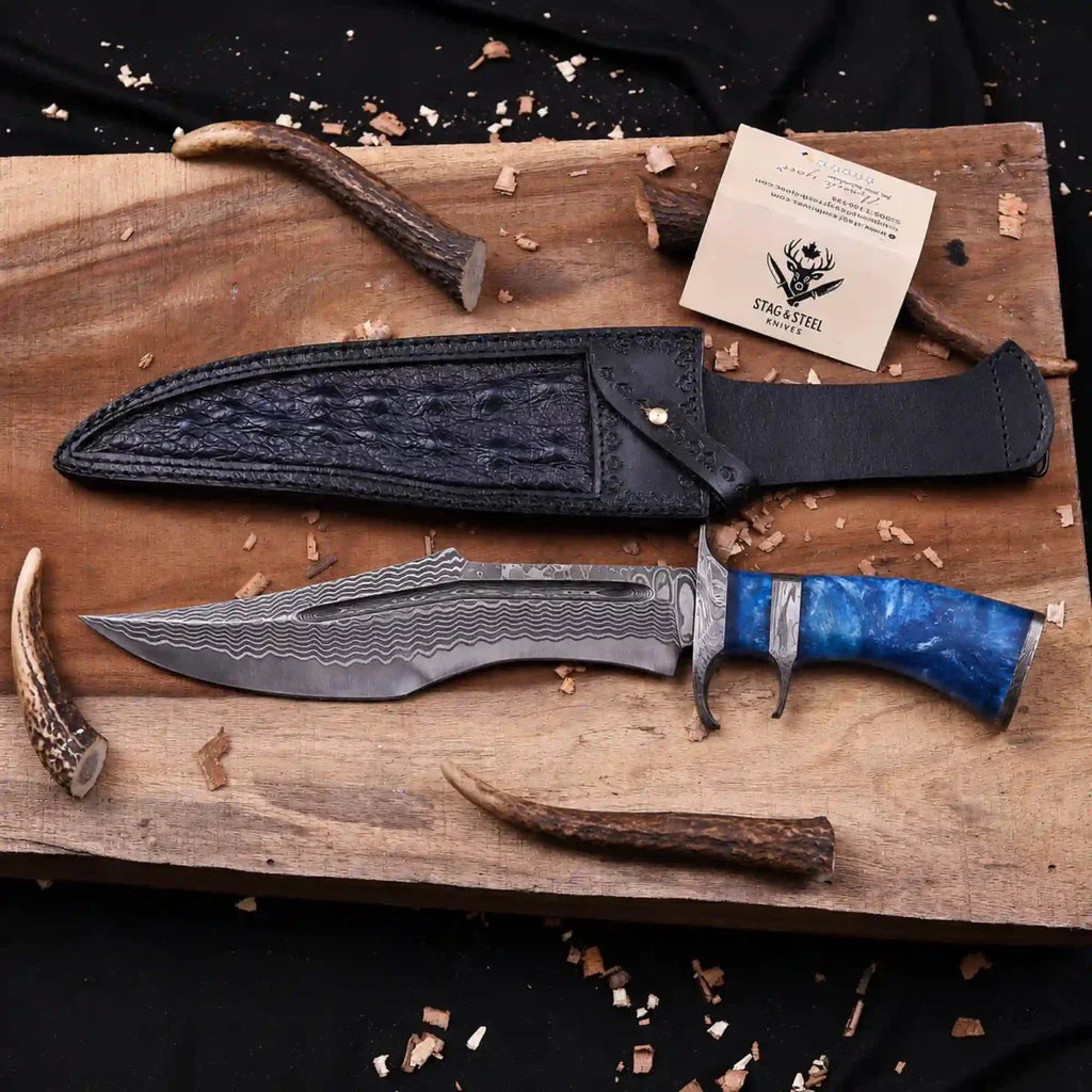 Handmade Damascus Finger Guard Bowie Knife | 10" San Mai VG10/15N20 Steel | Resin Handle with Italian Leather Sheath – Collector's Gift Knife