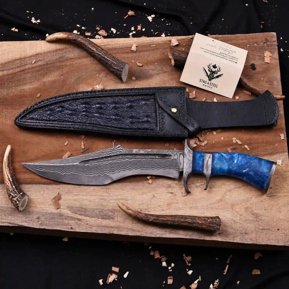 Handmade Damascus Finger Guard Bowie Knife | 10" San Mai VG10/15N20 Steel | Resin Handle with Italian Leather Sheath – Collector's Gift Knife