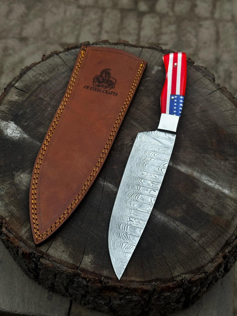 Damascus chef knife, angled display view