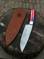 Damascus chef knife, angled display view