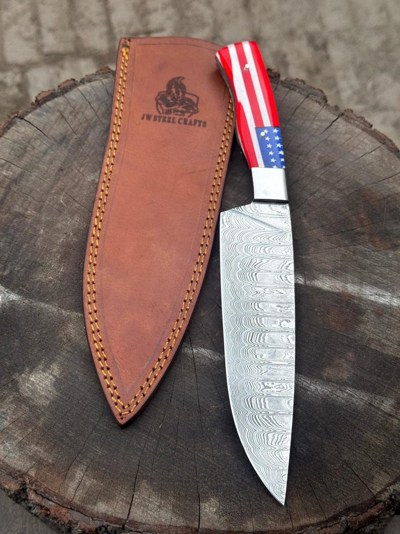 Damascus chef knife steel bolster and rivet detail