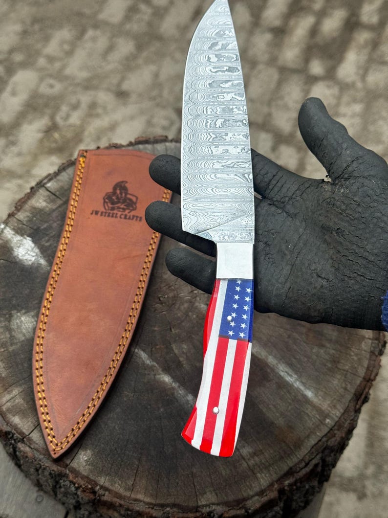 Hand-forged Damascus chef knife, full length view